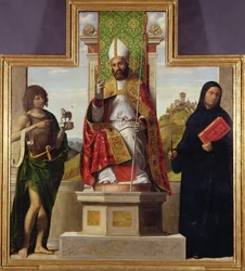 St. Lanfranc von Pavia thront zwischen St. Johannes dem Täufer und St. Liberius, ca. 1515-16